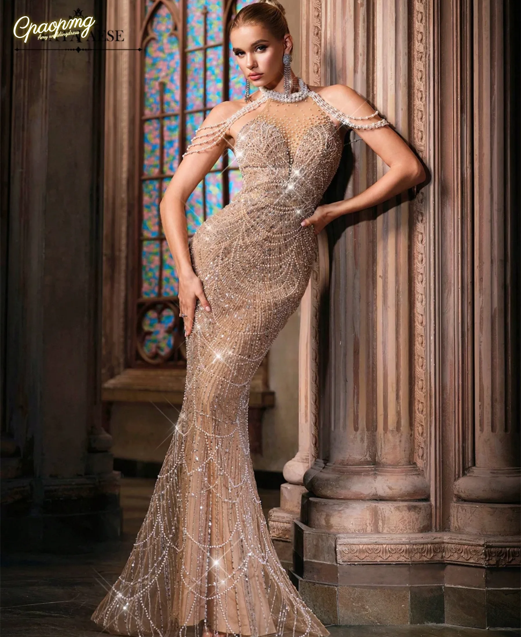 

Customized Haute Couture Luxury Evening Dresses Pearls Chain Evening Gowns Chic Hatler Mermaid Prom Dresses Wedding Guest Dress