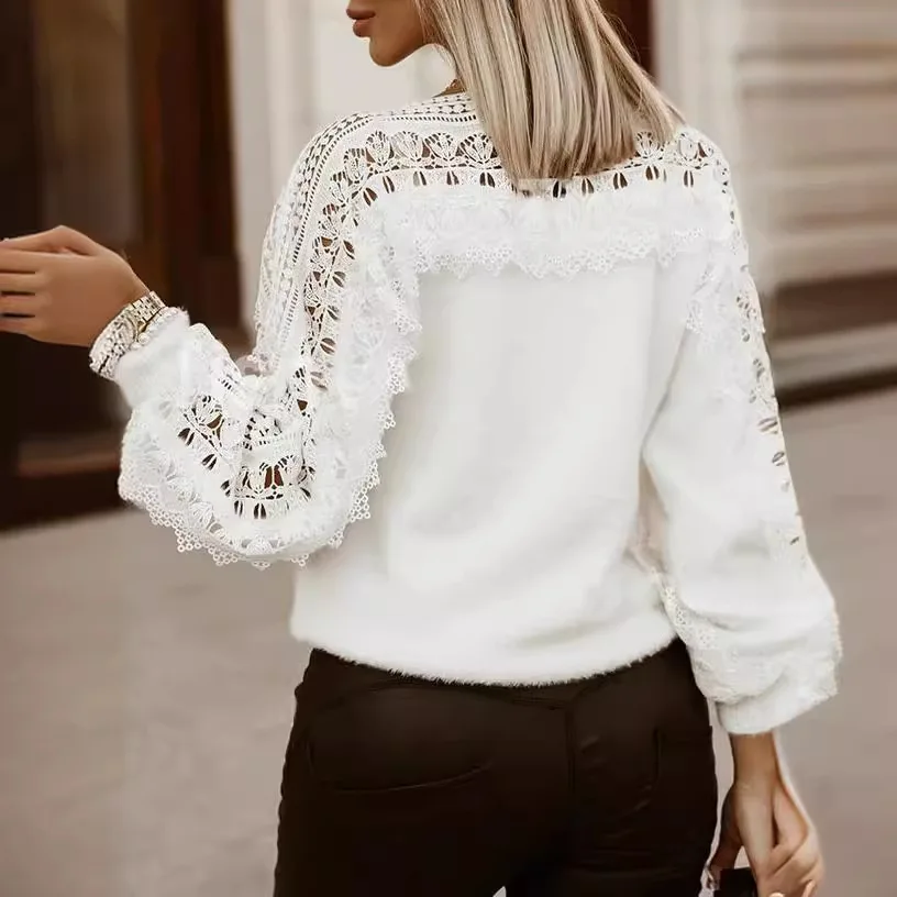 Nuevo suéter calado a la moda de primavera para mujer, Tops informales de Color sólido con cuello redondo y retazos de encaje, Tops holgados de punto con manga acampanada para mujer