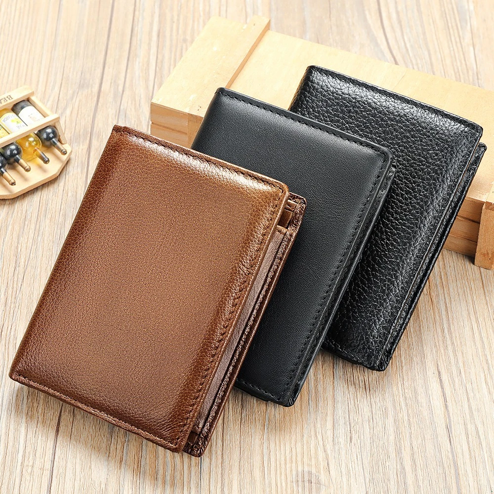 Men Genuine Leather Bifold Wallet Multi Card Holder With Photo Slots And Zipper Pocket RFID Blocking Business Commute Purse