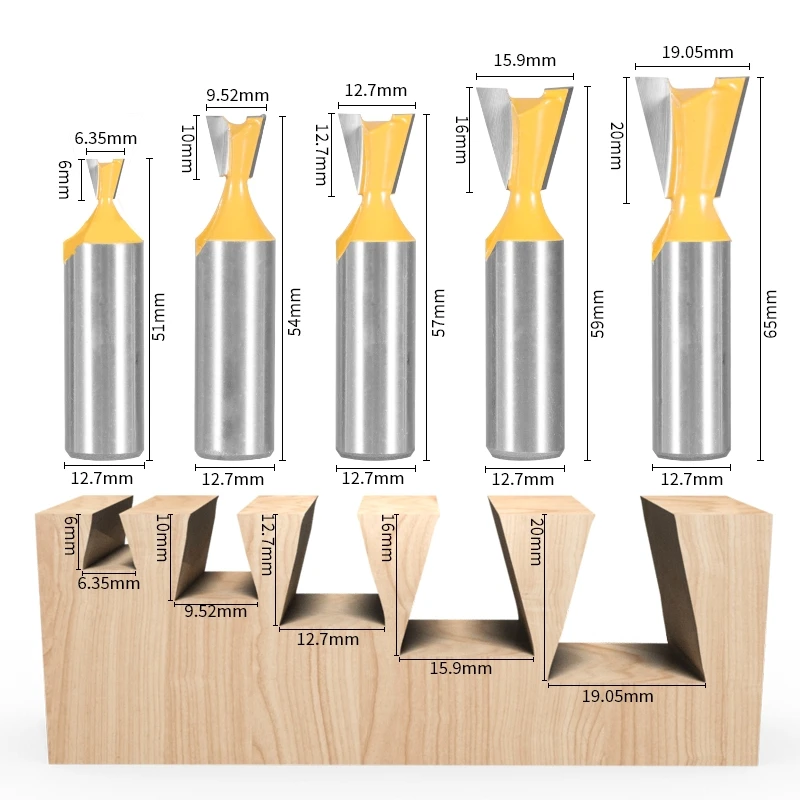 YUSUN 5PCS 12/12.7MM Shank  Dovetail Joint Router Bit 14 Degree Woodworking Milling Cutter For Engraving Bits Face Mill