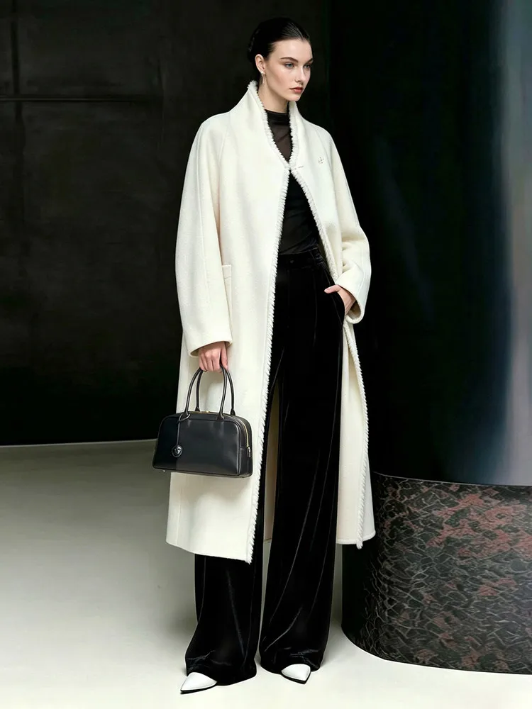 Amii Women's Yak Wool Double-Faced Coat Mock Neck Belted Raw Hem Commuter Minimalist Warm Slimming Winter Coat Female 12654030