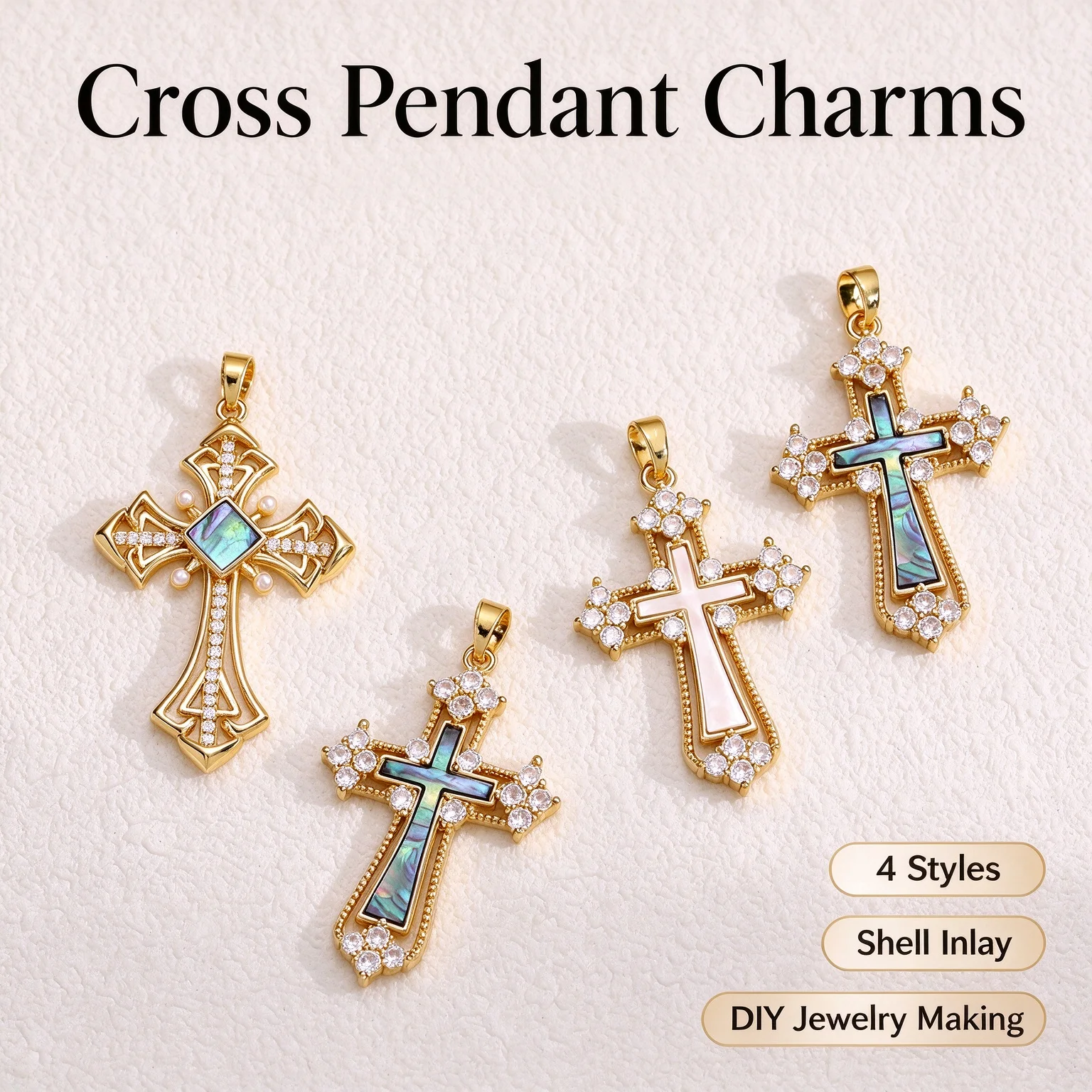 Luxury Rhinestone Cross Pendant Vintage White Shell Necklace Charm DIY Jewelry Accessories European American Style