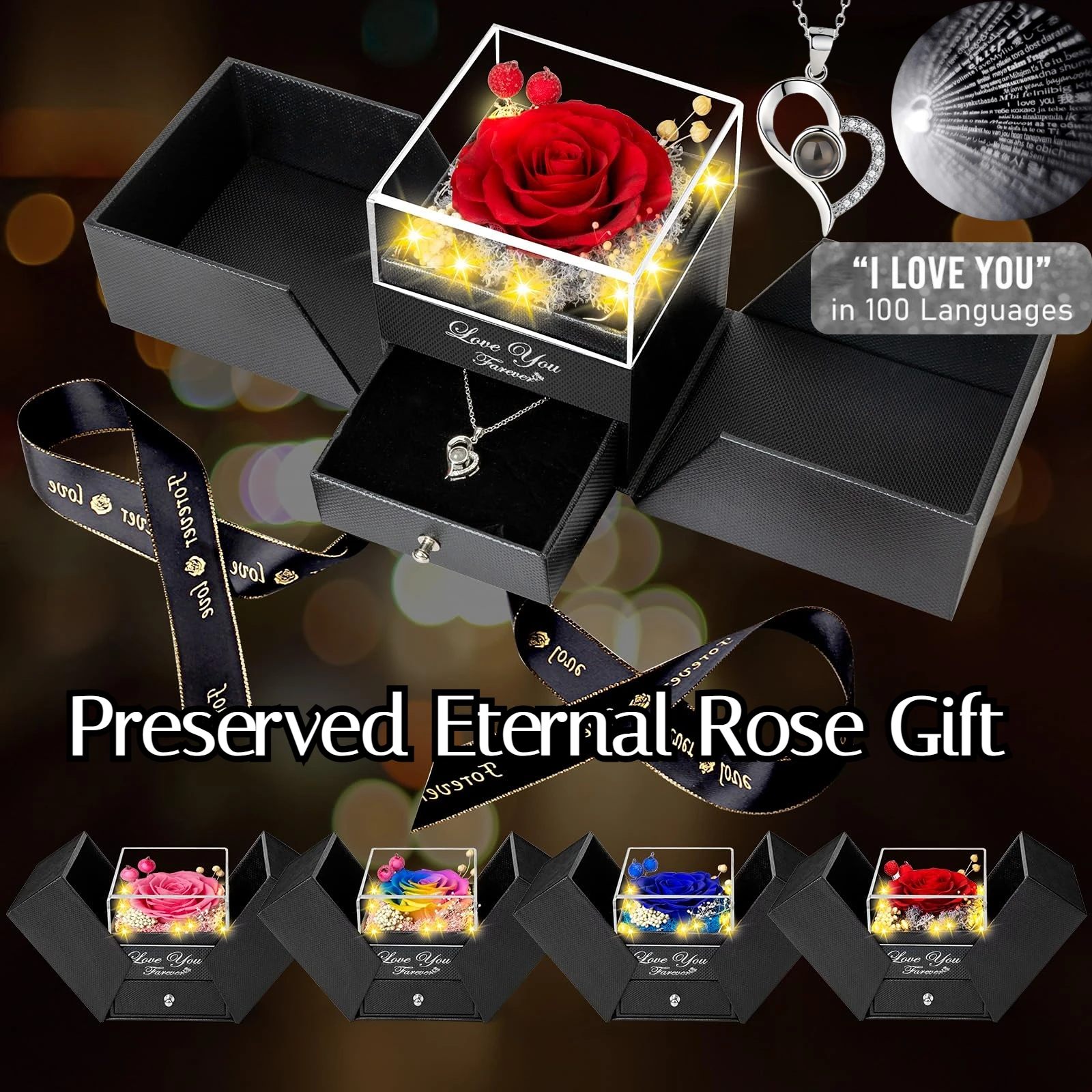 Rosa Real conservada con te amo Collar 100 idiomas Flores eternas Rosa Regalos para su esposa Navidad Día de San Valentín