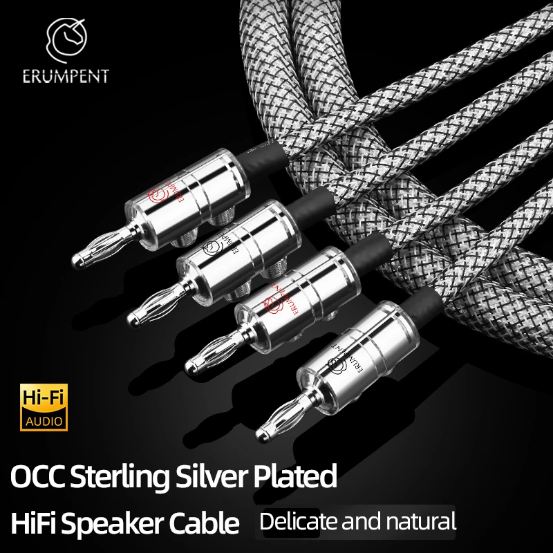 One Pair High Fidelity OCC Silver Plated HiFi Speaker Audio Cable Rhodium Banana Plug Audio Line for Amplifier Speaker