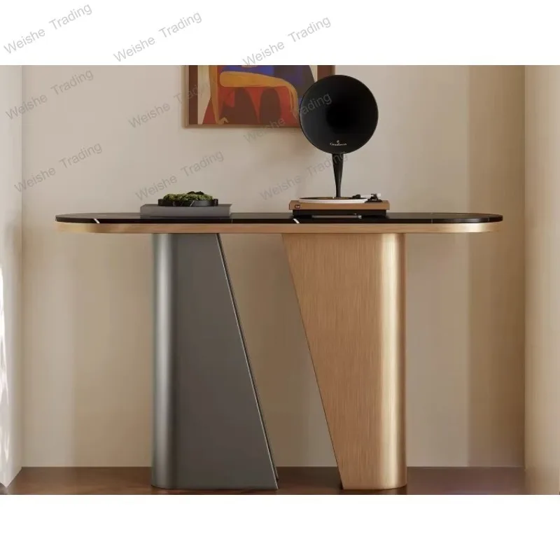 

Natural stone porch bar table facing the door Light luxury high-end creative stainless steel porch rack