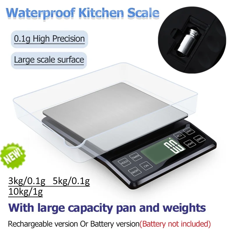 Digital High Precision Kitchen Scale 3/5/10kg 0.1g Household Waterproof Balance for Food Weighing with 50g Weights and Scale Pan