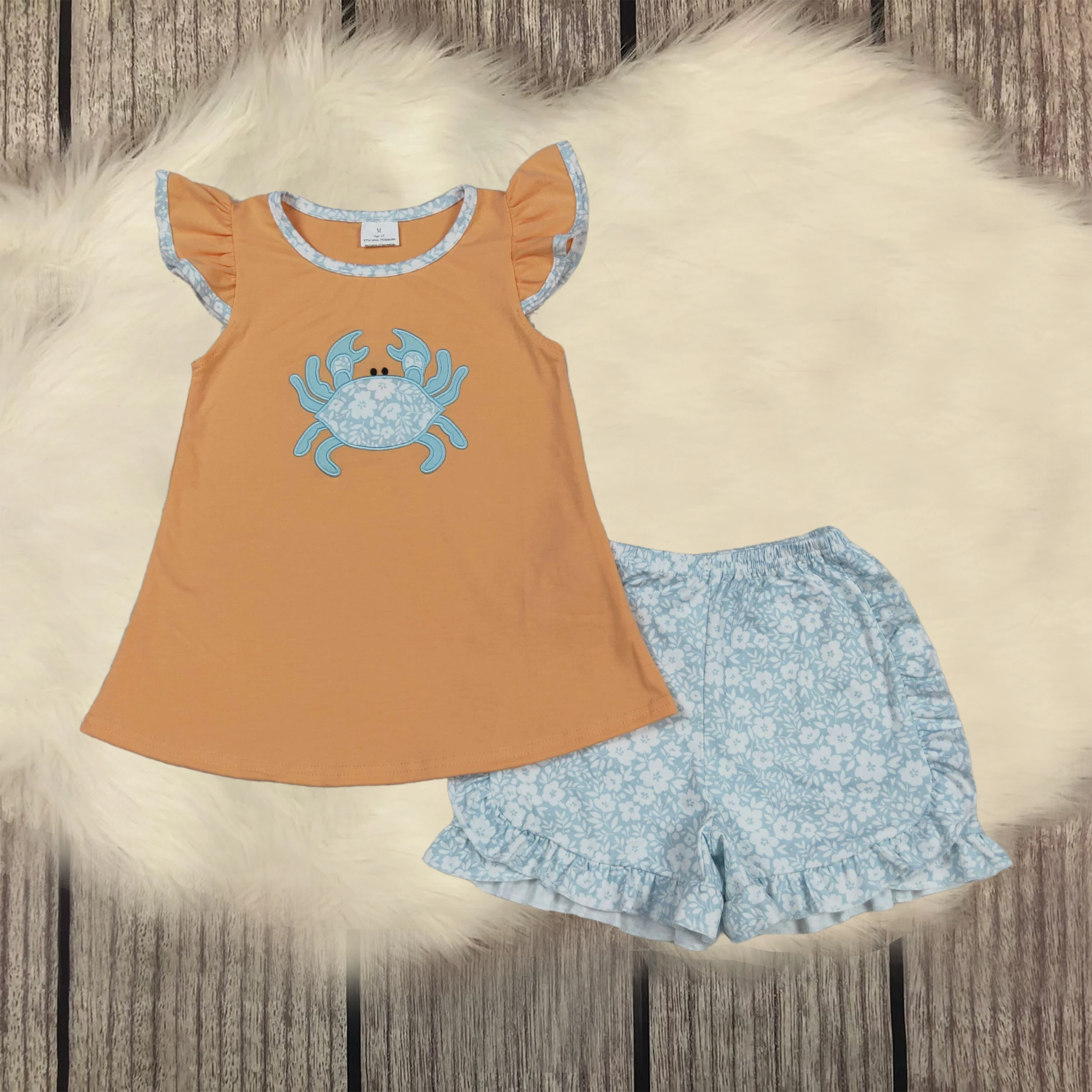 

Wholesale Baby Girls Embroidery Crab Orange Cotton Top Floral Ruffle Shorts Clothes Sets Kids Designer Children Boutique Outfits