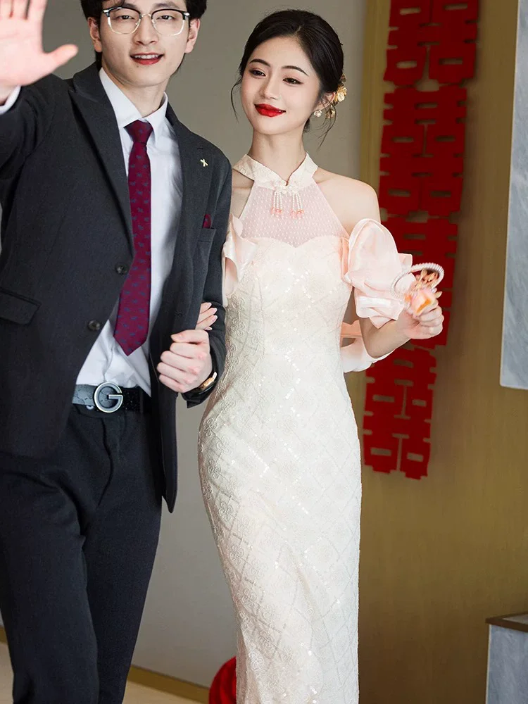 فستان مثير بدون أكتاف على شكل ذيل السمكة فستان خطوبة على الطراز الصيني الجديد بياقة تشيباو الماندرين الفاخرة المحسنة شيونغسام #3