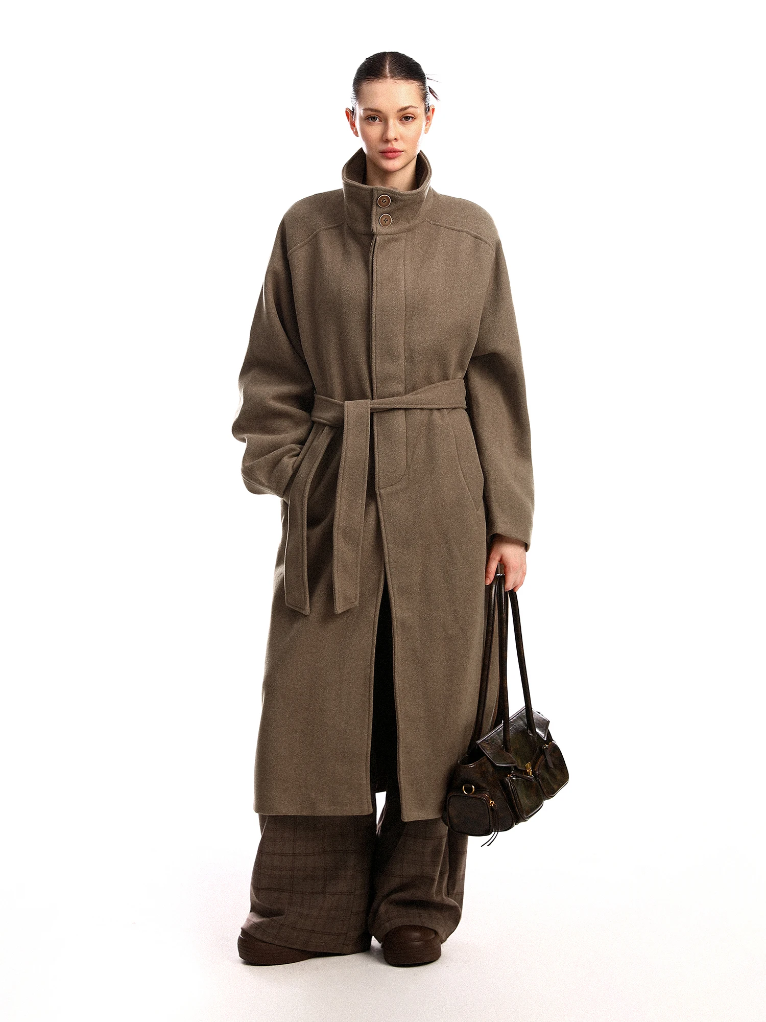 

American Sle Button up Stand Collar Long Woolen Coat Women Winter Oversize Knee Length Belted Coat Outerwear Simple Commute