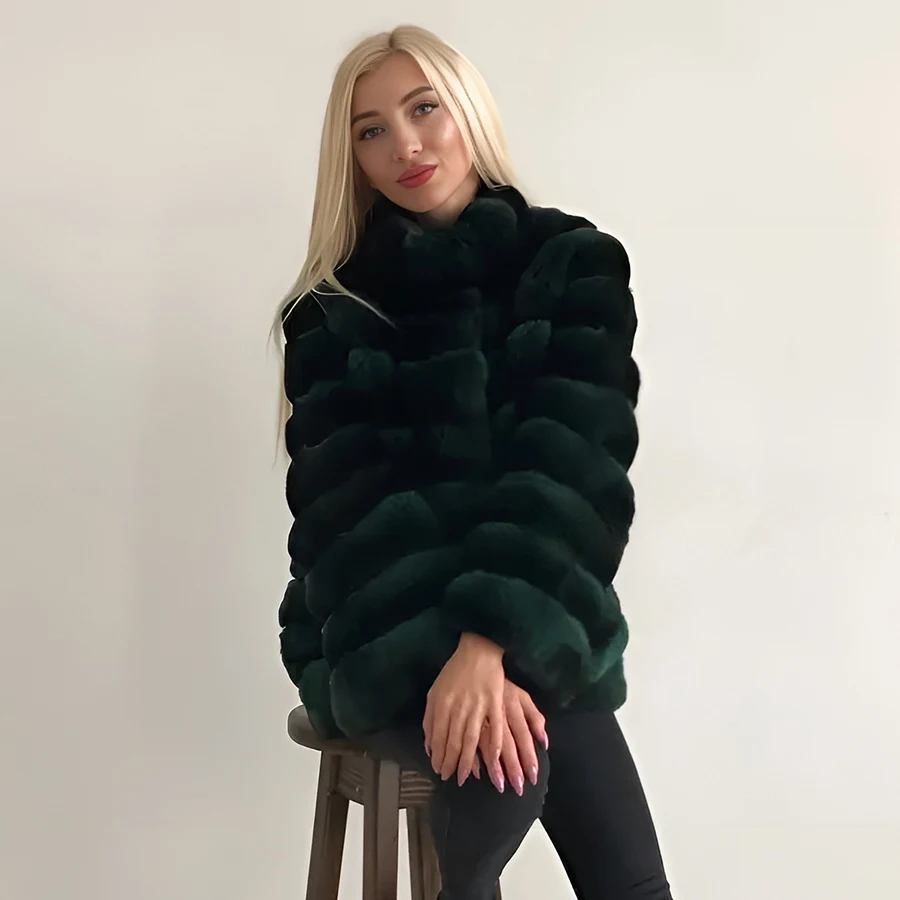 Rabbit Fur Jackets For Women Rex Rabbit Fur Coat With Stand Collar Chinchilla Colour Winter Clothes Women Real Fur Coat