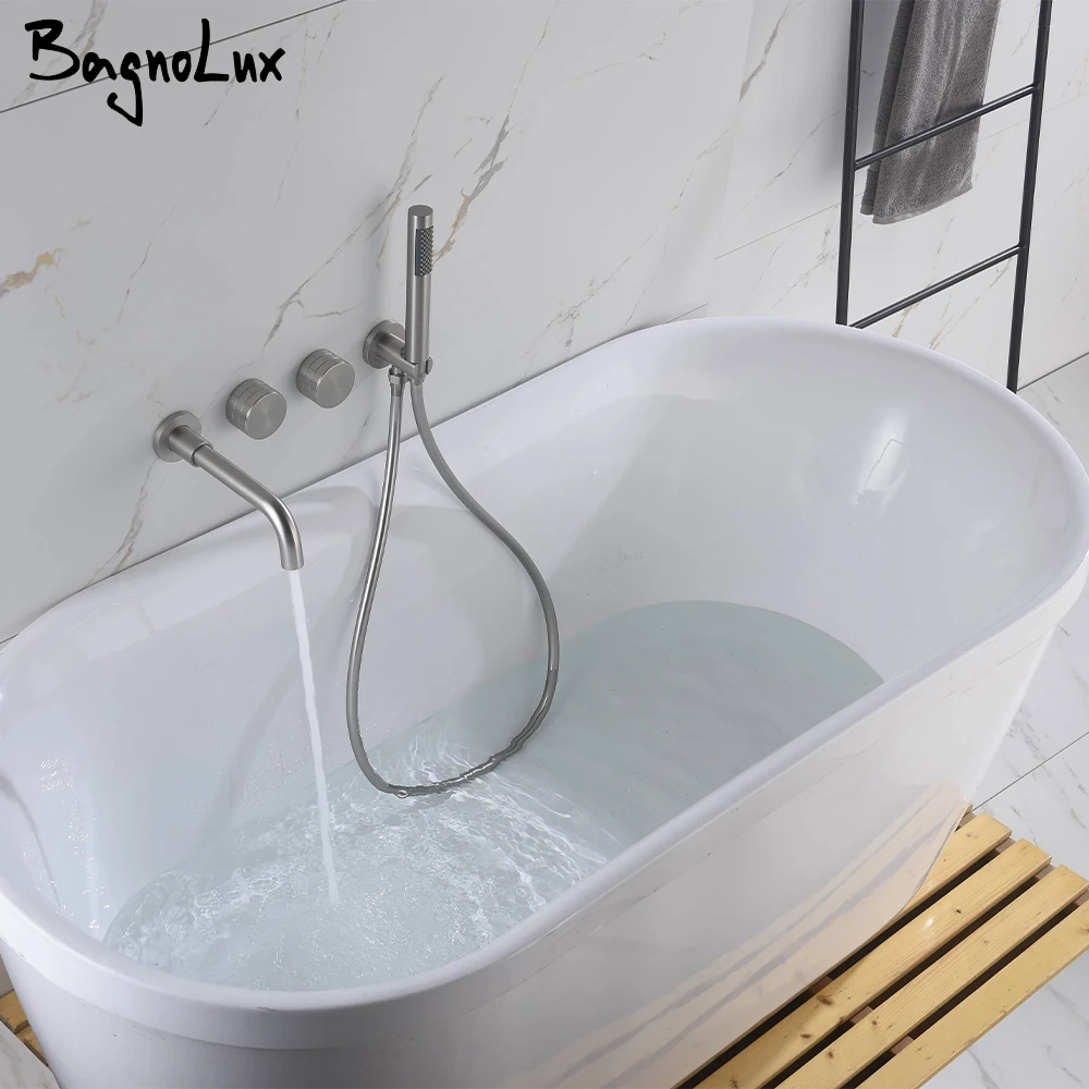 

Brushed Nickel Bathtub Tap 2 knobs Handheld Shower Faucet & Spout Hot And Cold Hand Shower Mixer System Wall Mounted