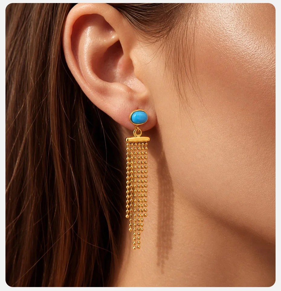 Vonx Sun Türkisfarbene Hängeohrringe für Damen, Edelstahl 18K vergoldet, lange Ketten-Quasten-Ohrringe, Boho-Strandschmuck – Detail 3