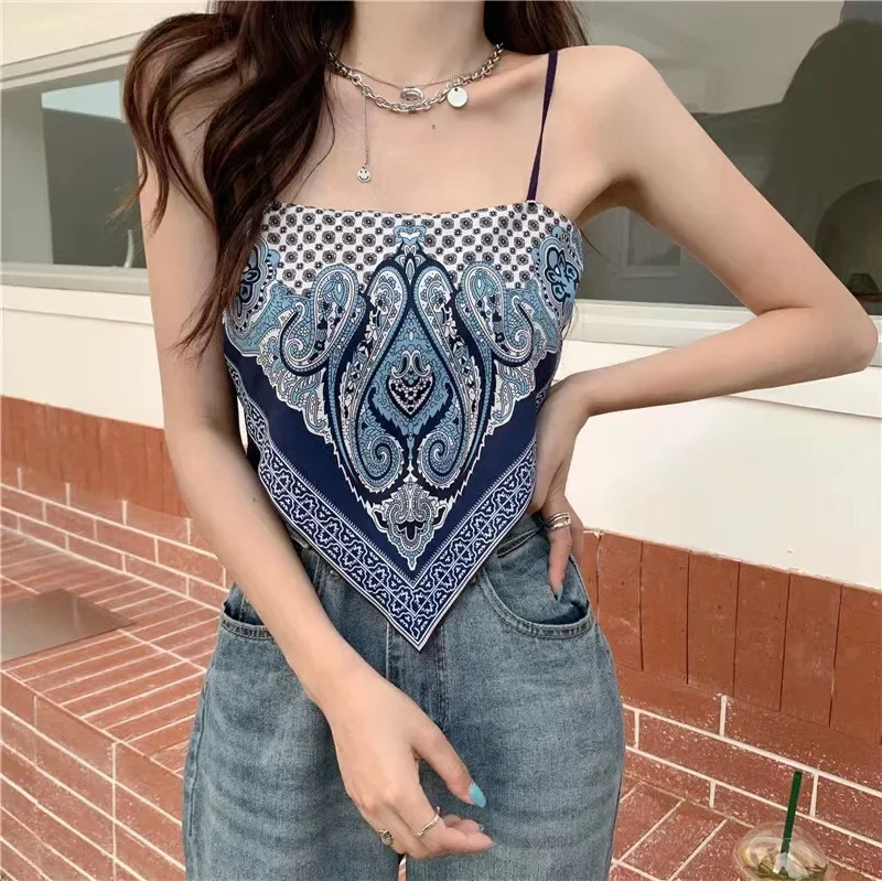 Camisole Summer Short Triangle Top Mercerized Cotton Paisley Printed Indie Folk Woman Sexy Spaghetti Camis Crop Tops 2023 Retro