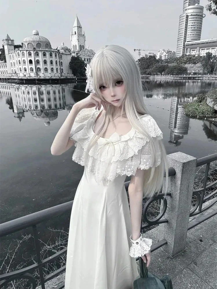 

Retro Lace Cloak Trimmed Women's Dr Spring Faion Set Beautiful Waist-Cinching Long Skirt ort Sve Ele Gown