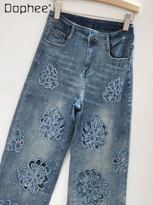 

Blue Floral Rhinestone Embroidered Wide-Leg Jeans Women Autumn Fashion Slimming Stretch Straight Pants Street Personality Jeans