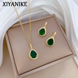 XIYANIKE Water Drop Emerald Zircon Pendant Necklace Earrings Jewelry Set For Women Stainless Steel Chain Necklaces Party Gift
