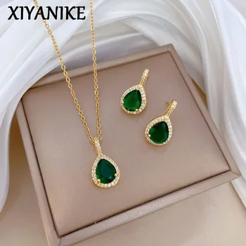 XIYANIKE Water Drop Emerald Zircon Pendant Necklace Earrings Jewelry Set For Women…