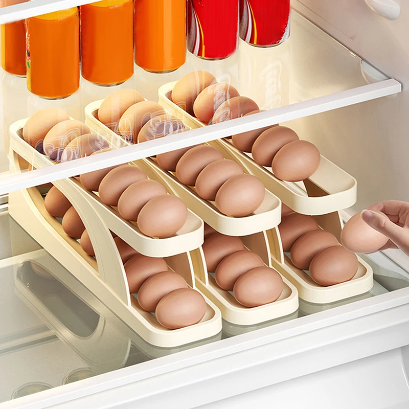 Automatic Scrolling Egg Rack Holder Storage Box Egg Basket Container Organizer Rolldown Refrigerator Egg Dispenser For Kitchen