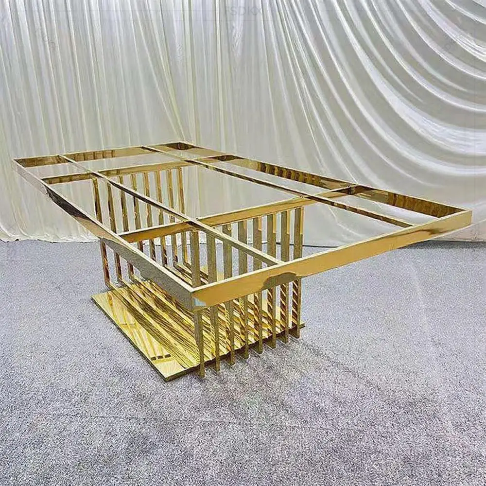 

FSDKX New Design Party Wedding Furniture Factory Gold Stainless Steel Rectangle With Glass Top Wedding Table