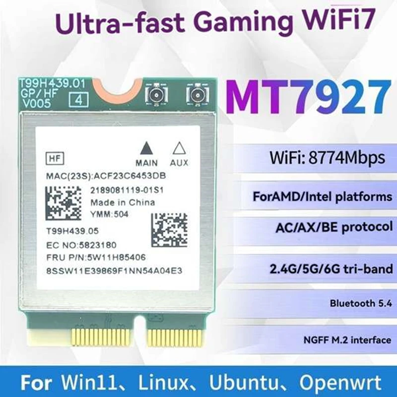 JABS-MT7927 Wifi 7 Network Card 2X Antennas 2.4G/5G/6Ghz Tri-Band 8774M Wireless Card BT5.4 Gigabit