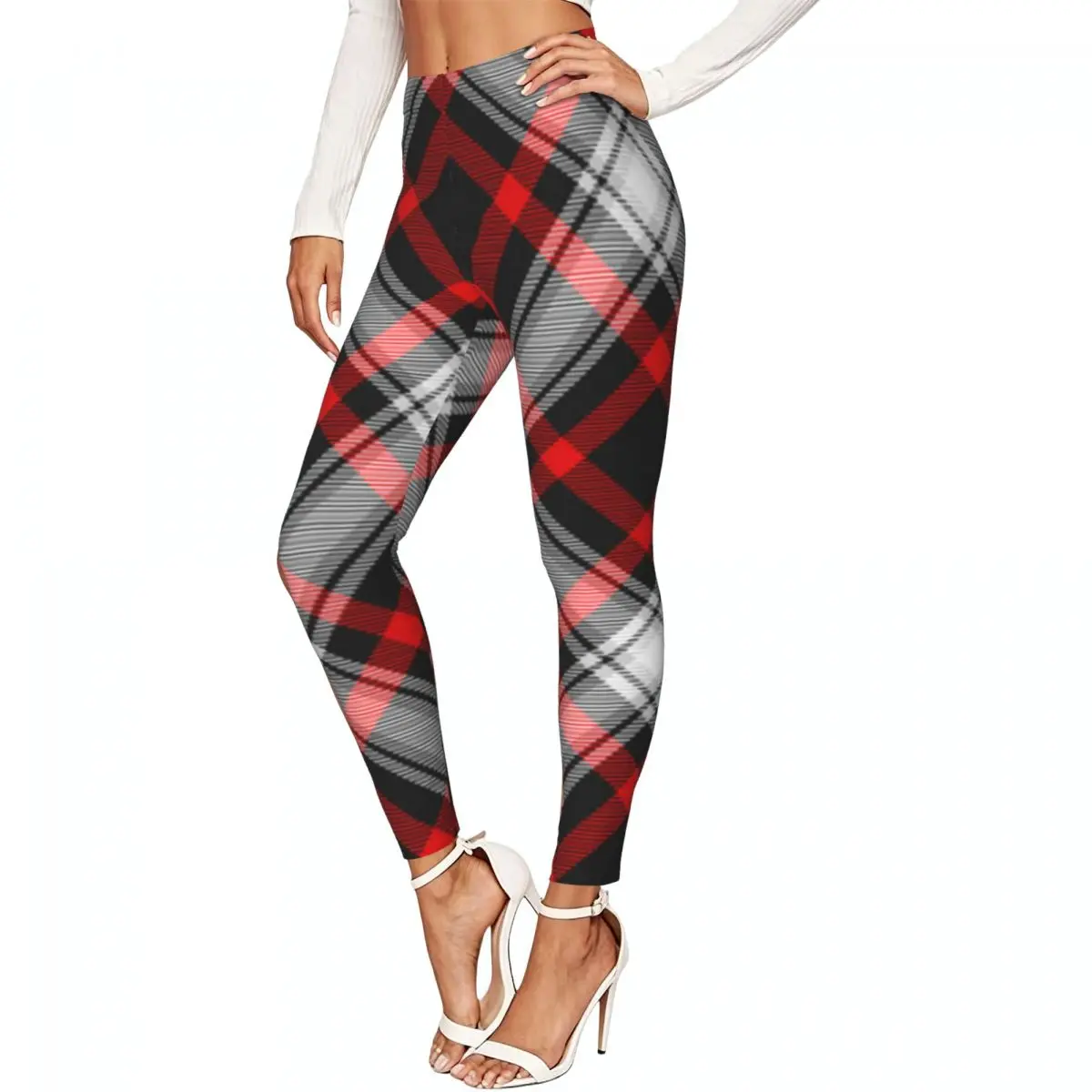 Women Full Length Elastic Leggings High Waist Tight Pants Red Black And White Tartan Casual Bottoms