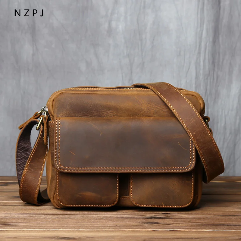 NZPJ Retro Leder männer Umhängetasche Casual Top Schicht Rindsleder Tasche Schulter Tasche Horizontal Rucksack Geeignet Für 9 Zoll ipad