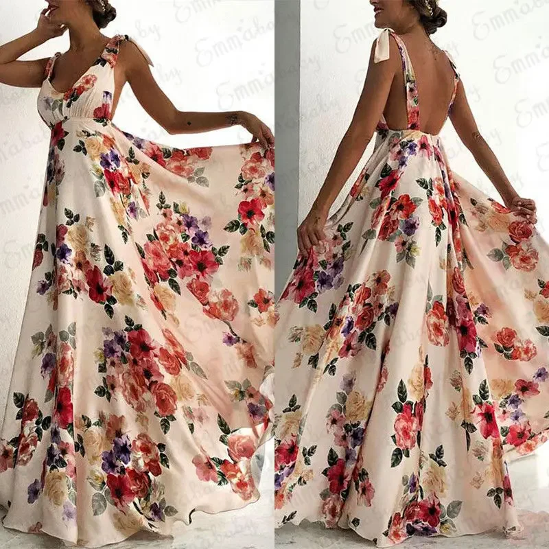 Pop Fashion Summer Women Boho Abito lungo maxi senza schienale senza maniche con scollo a V Abito a fiori Abiti da spiaggia per feste da sera Vestito estivo