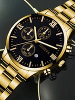4pcs Gold Alloy Roman with Calendar Men's Quartz Watch and Cross Necklace Bracelet Ring Set Selected Gift, Boxes Not Included 4