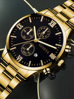 4pcs Gold Alloy Roman with Calendar Men's Quartz Watch and Cross Necklace Bracelet Ring Set Selected Gift, Boxes Not Included 4