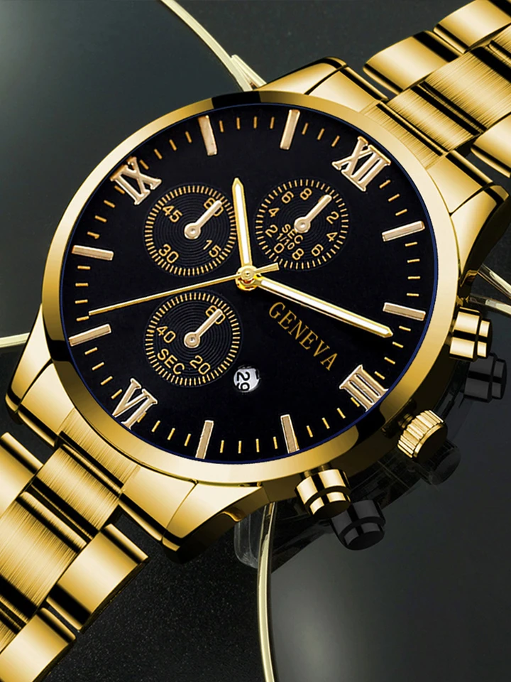 4pcs gold alloy Roman with calendar men's quartz watch and cross