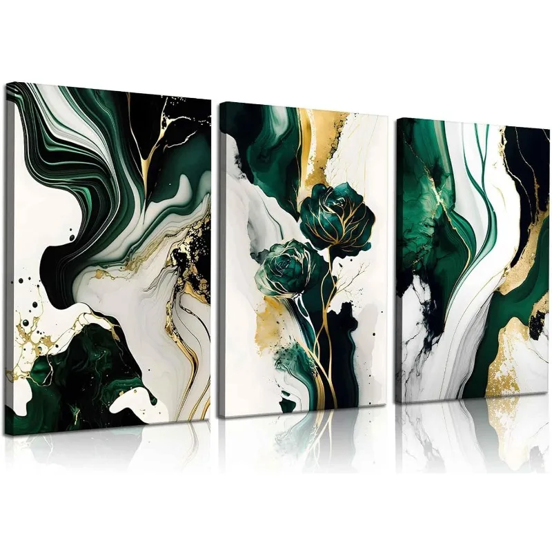 3Pcs Framed Emerald Green Wall Art, Modern Green and Gold Abstract Marble Canvas Wall Art Paintings Prints Posters