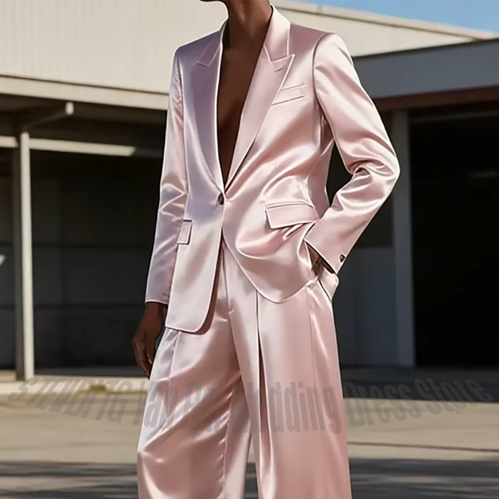 Chic Satin Women Pants Suit 2 Piece Casual Daily Single Button Peak Lapel Flat Regular Fit Luxury Lady Outfit Blazer Set
