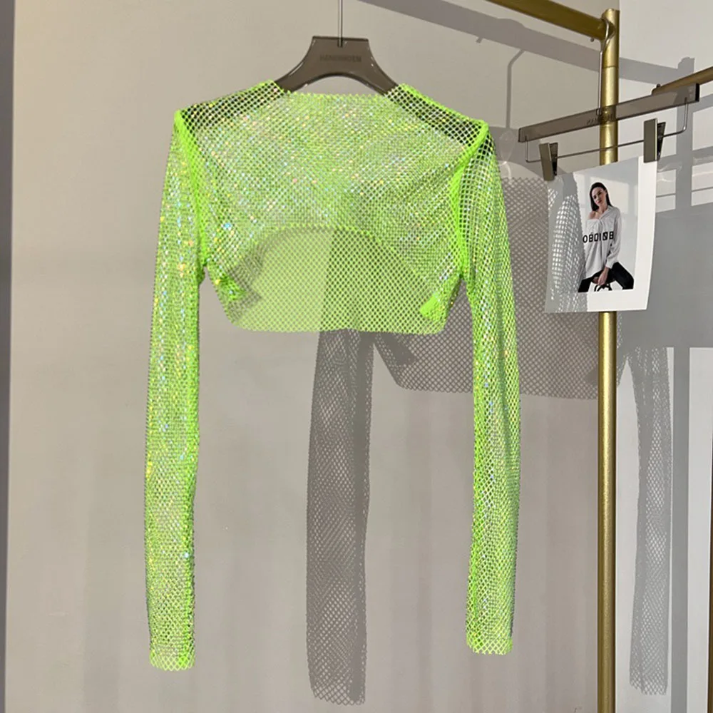 Sparkly Glitter Drill Shawls Women Colorful Rhinestones Long Sleeve Crop Top Shrug See Through Cloak Fishnet Cover Up Clubwear