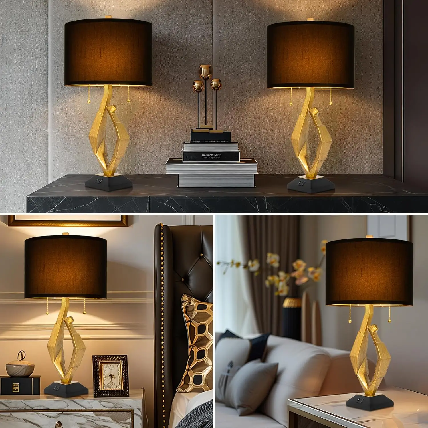 Modern Gold Table Lamp Set with USB Ports, Pull Chain Switch for Living Room Bedside Office