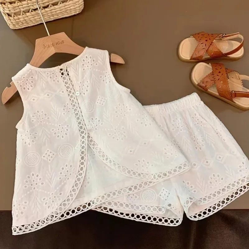 2024 Summer Children Baby Girl 2PC Clothes Set Cotton Hollow Lace Sleeveless Vest Elastic Waist Shorts Suit Toddler Girls Outfit