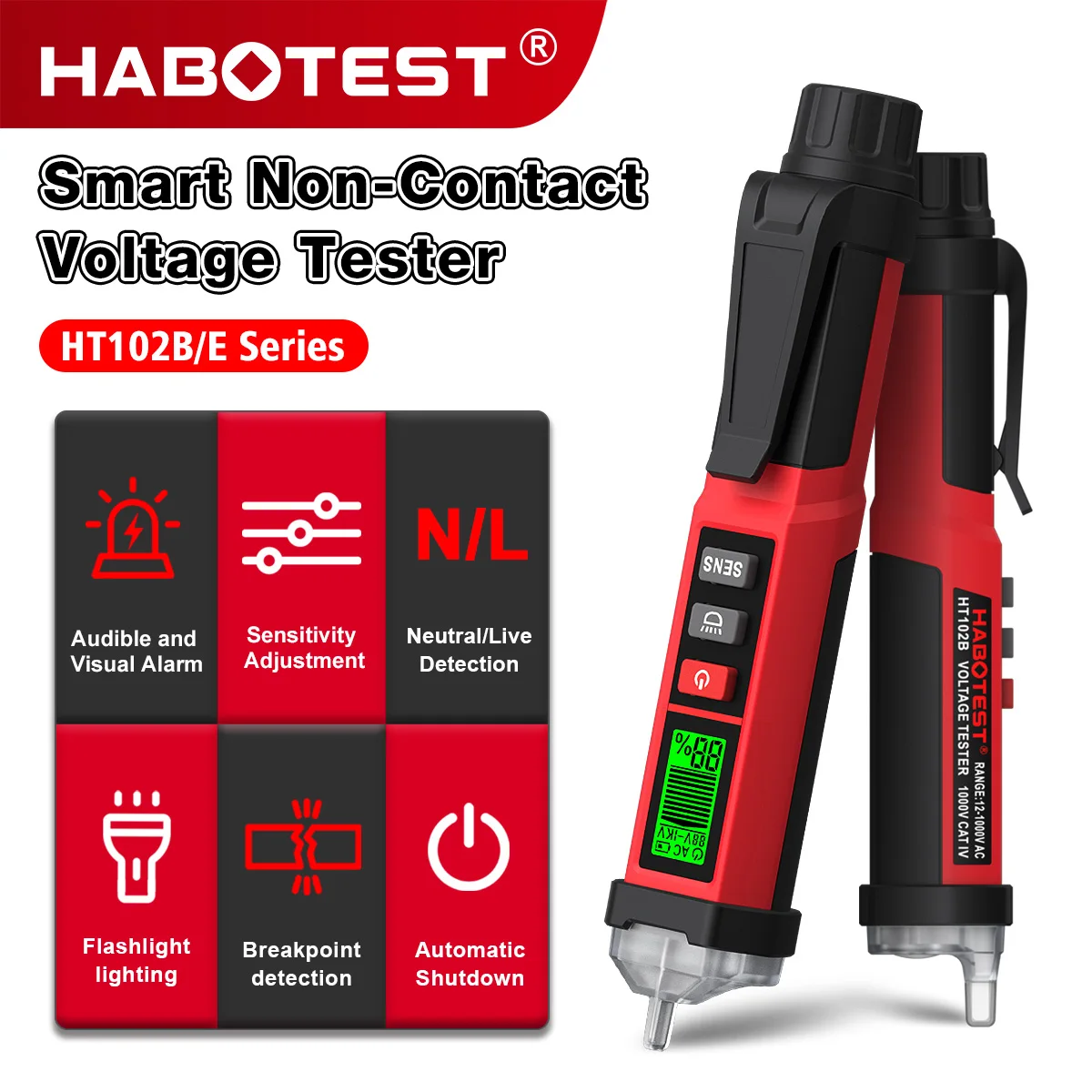 HABOTEST HT102E NCV Voltage Tester Pen AC 12‑1000V Electric Detector Pen LCD Display Live Neutral Wire Check Voltage Indicator