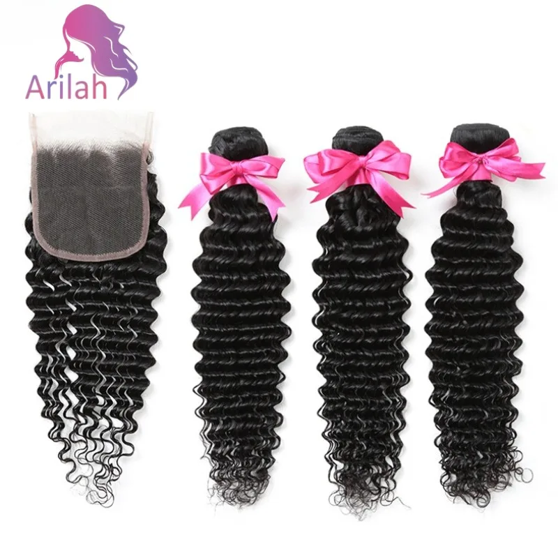 

Пучки глубоких волн с застежкой Человеческие волосы 2/3 пучка и застежка 100% бразильские девственные волосы 4x4 Глубокая кружевная застежка Натуральный цвет