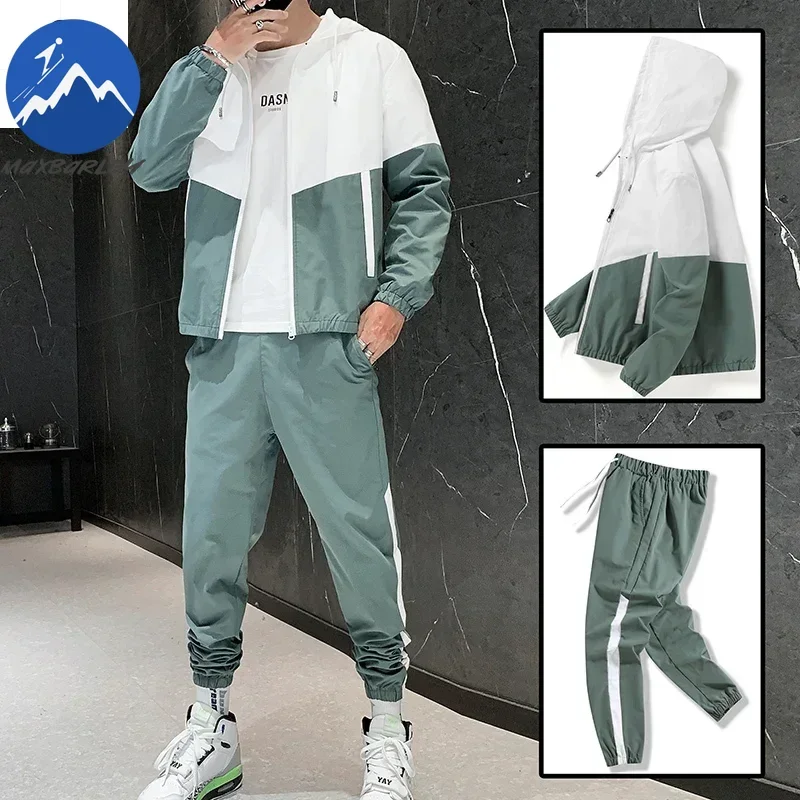 Spring Autumn Men Sportswear Suit Hooded Colorblock Casual Jacket + Pants Suit Man Teenager 2 Piece Jogger Sweatshirt Tracksuit