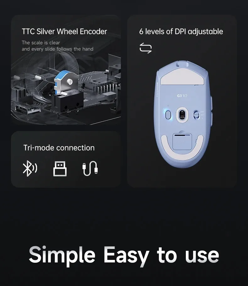 MCHOSE G3 V2 Pro Kabellose E-Sports-Maus Leichtgewichtig Drei Modi Bluetooth PAW3395 Hochleistungsfähig 800mAh Spiel- und Büromaus 59g – Detail 11