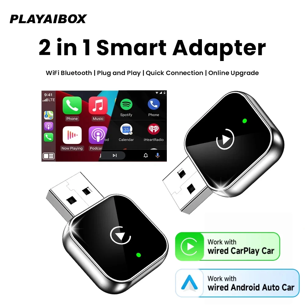 PLAYAIBOX Adaptateur Carplay sans fil Android Auto Smart 2 en 1 Dongle 2.4G et 5.8Ghz WiFi BT connexion automatique Plug&Play pour AA CP filaire