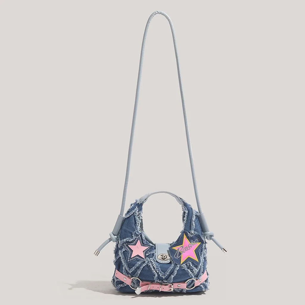 

Denim Pu Tote Bag Street Punk Colorblock Patchwork Bag Crescent Hobo Bag Unique Design For Y2k Fashion Casual Wear Date