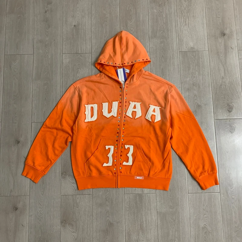 Duaa Hot Stamping Embroidered Hole‑Breaking Patchwork Fabric Hoodie Oversize Loose Pullover Cardigan Sweatshirt for Men Women