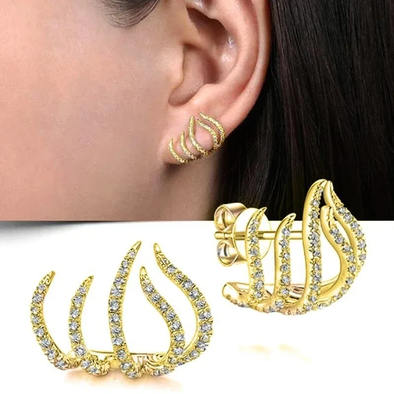 2Pcs New Design Irregular U-shaped Gold Color Earrings for Women, Luxury Crystal Earring Girl Wedding Party Jewelry Accessories
