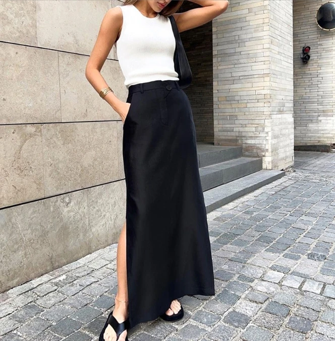 Casual Elegant Long Skirt 2024 New Commuter Fashion Temperament Pocket Split High Waist Commuter Half Length Skirt for Women