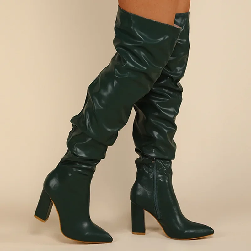 Autumn Winter 2024 New Fashion Over-The-Knee Women Boots Genuine Leather Pleated Sexy Thigh High Tall Heel Shoes Woman Size 42