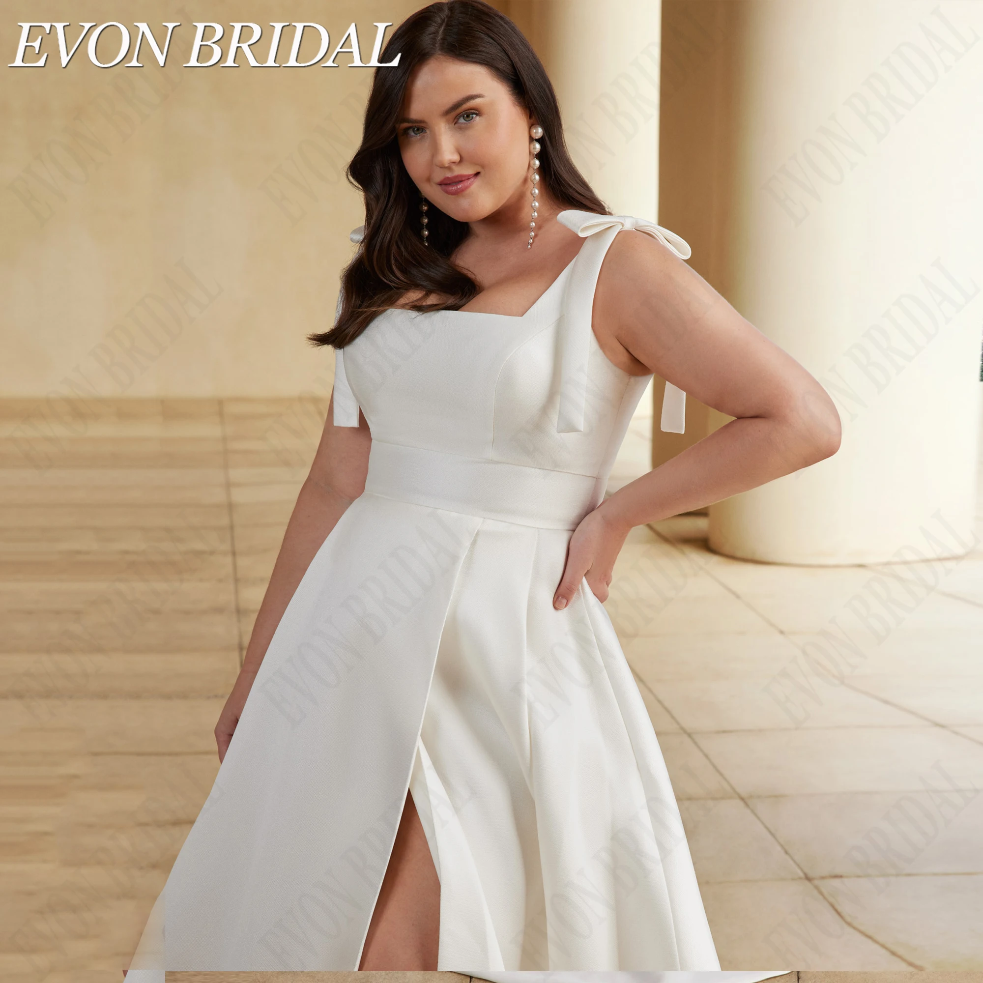 EVON BRIDAL Side Split Wedding Dress Plus Size Spaghetti Strap Square Collar Satin Bride Dresses A-Line Bridal Gown Customized