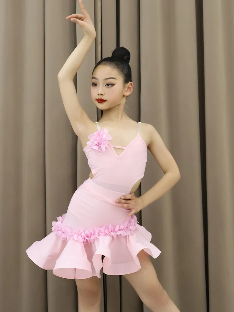 Champagne Color Cha Cha Rumba Latin Dance Costume Girls Dance Dress Tango Dance Dresses Performance Suit Kids Practice Clothes