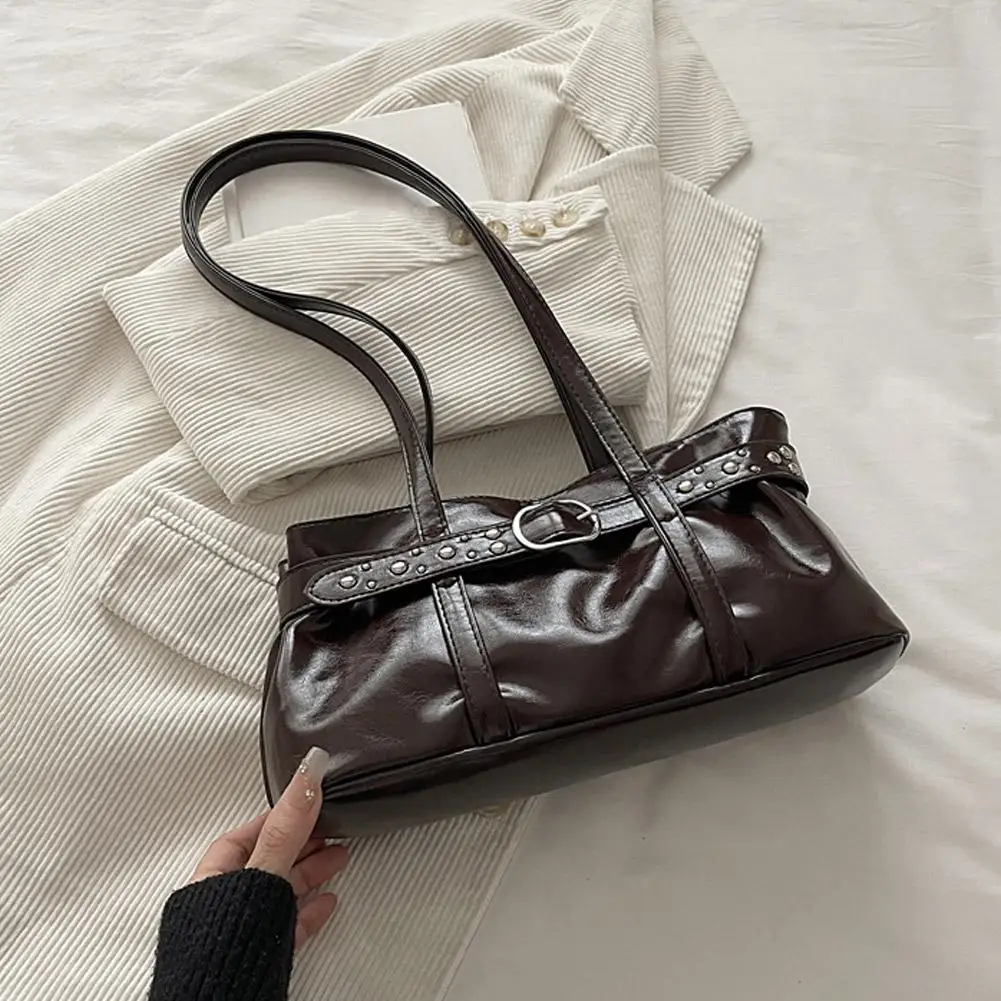 Rivet-Gürtelschnalle, Unterarmtasche für Damen, große Kapazität, einfarbig, Schultertasche, Retro-Handtasche für den täglichen Gebrauch. – Detail 28