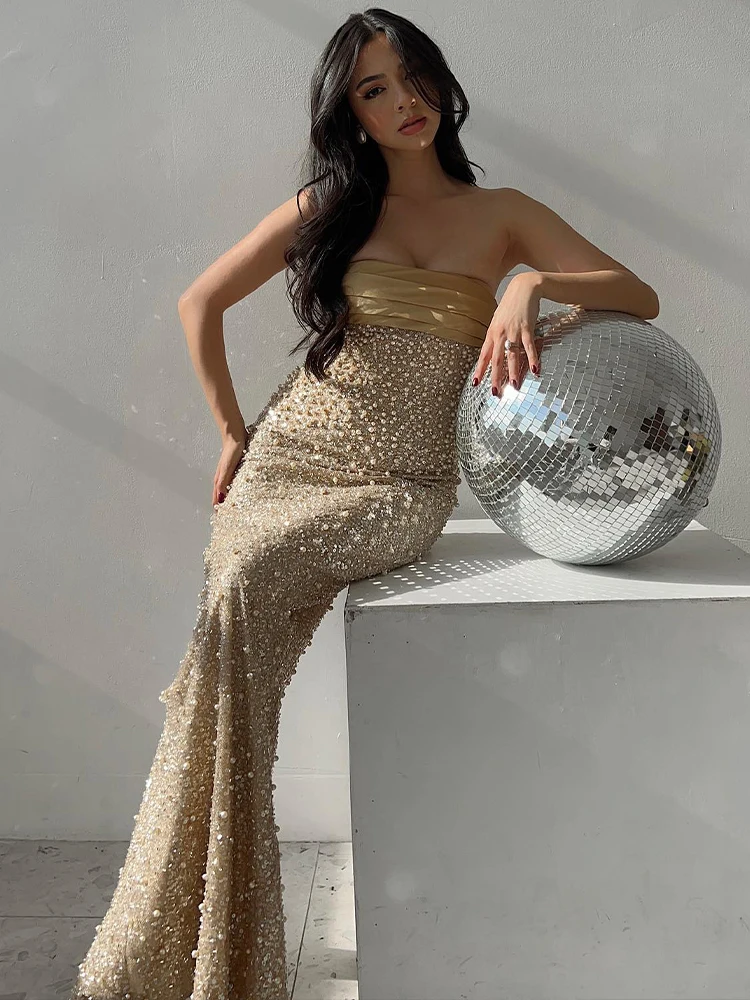 PB Glamorous Gold Strapless เลื่อมลูกปัด Mermaid ชุดยาวเซ็กซี่ Bodycon วันเกิด Party Prom Clubnight ชุด