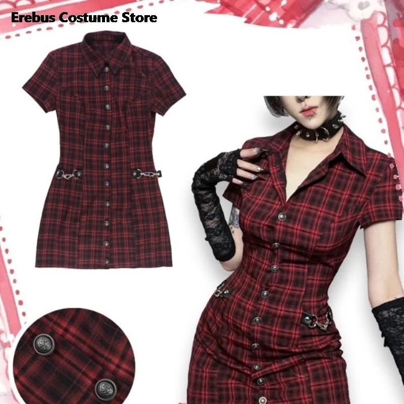 

Gothic Plaid Dress New Punk Rock Cosplay Anime Game Female Bodycon Vintage Short Skirt Halloween Party Performance Jirai Kei Cos